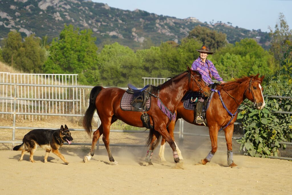 Nina riding her horse with another following and a dog behind them.